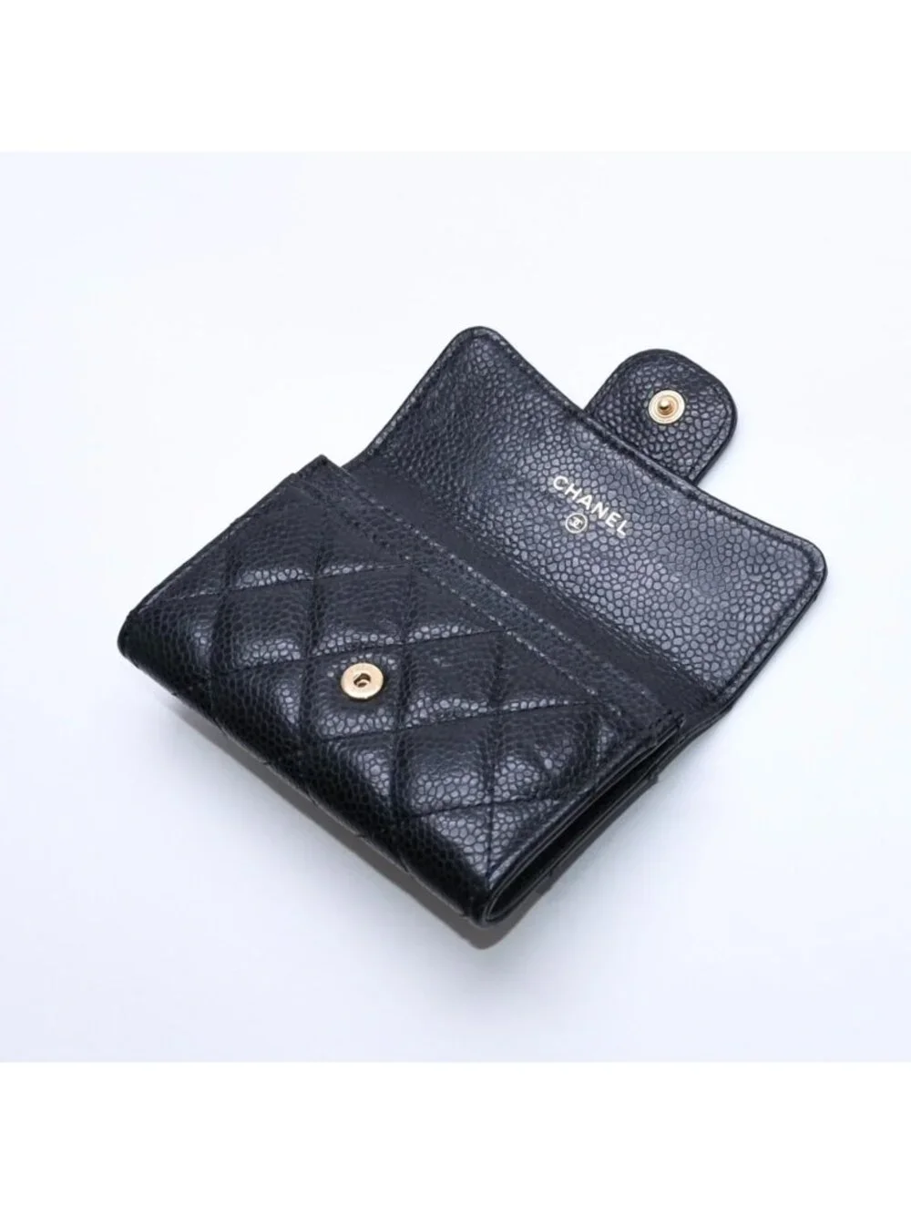 Chanel Quilted CC Logo Card Case Wallet Lambskin Black Gold